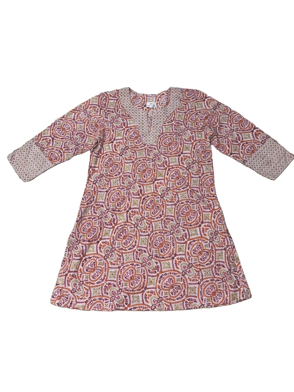 Vintage ANOKHI Geometric Tile Printed Tunic Kaftan Dress Women's L 100% COTTON